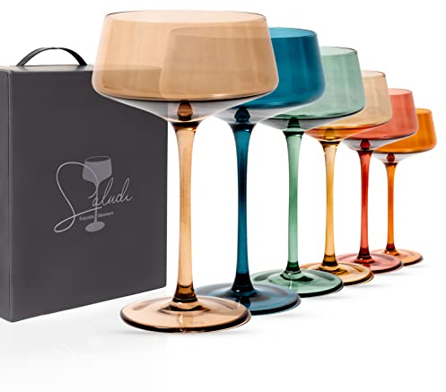Saludi Farbige Coupé-Gläser, 284 ml, 6 Stück, mehrfarbiges Glas, ideal für alle Cocktail-Typen und Anlässe, luxuriös, langlebig, mundgeblasen