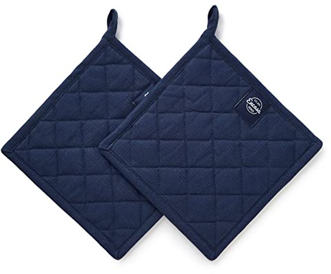 Encasa XO Topflappen, Hitzebeständig & Dick 21 cm Blue | Gepolsterte Baumwolle | Hitzeschutz für Kochen & Backen | Aufhängeschlaufe | 2er-Set