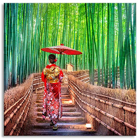 Pixxprint Glasbild, Wandbild auf Echtglas, Frau im janapischen Kimono im Bambuswald, 80x80 cm, inkl. Aufhängung und Abstandshalter