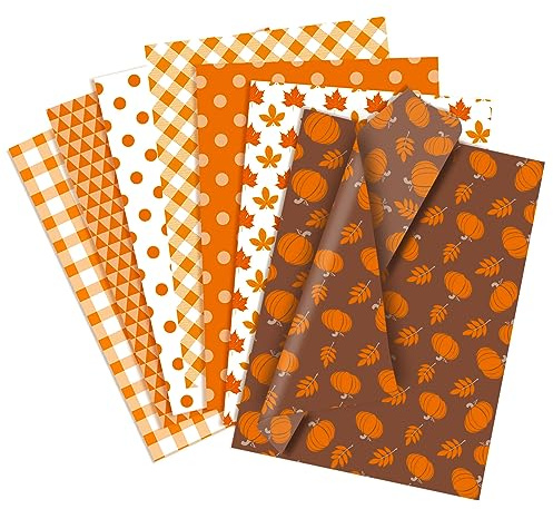 Larcenciel Halloween Seidenpapier 70 Blatt, Herbst Seidenpapier zum Verpacken, Thanksgiving Geschenkpapier mit Ahornblätter Kürbis Geometrische Muster, Verpackungsmaterial für Geschenk, 50×35cm
