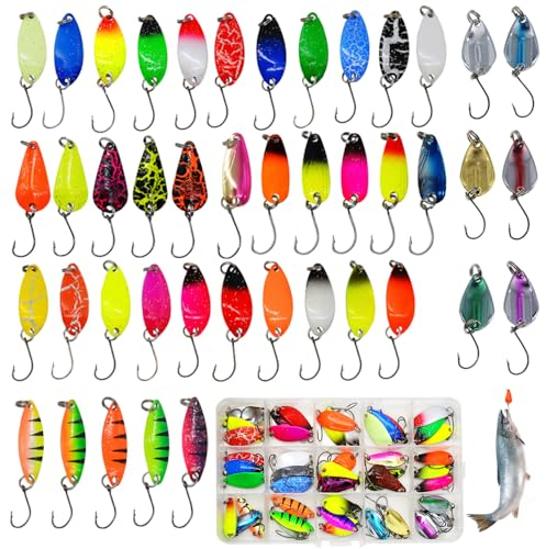 mizikuu 43 Stück Fishing Forellen Spoon, 2.0-3.5g Trout Fishing Spoon Blinker Angel Köder Set mit Box Forellenköder Farbig Köder Angelköder Spinner Angelköder für Haken Forellen Angeln