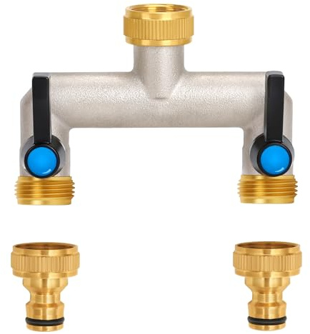 OPERMAXER 2-Wege Wasserhahn Wasserverteiler, Verlängerter Griff, 3/4 Zoll Messing Wasseranschluss Verteiler mit individuellem Absperrhähnen，2er Verteiler 3/4 Adapter 1/2 für Geräte/Gartenschläuche