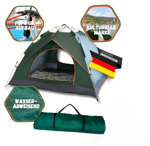 Loreley® Zelt Natur am MITTELRHEIN Germany Premium für 2-4 Personen - wasserdicht - schneller & Leichter Aufbau - Ultralleicht & kleines Packmaß - Camping-Outdoor-Festival-Angel-Motorrad (Grün)
