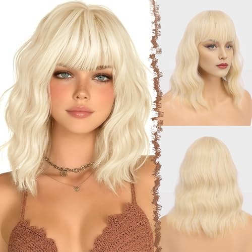 FESHFEN Wellig Bob Perücke mit Pony - 35cm Platinblond Wellen Schulterlänge Perücken für Damen Frauen Synthetik Kunsthaar Haarperücke für Alltag Karneval Fasching