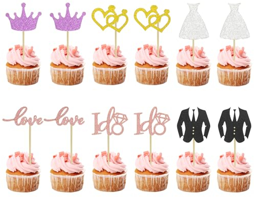 Wedding Cupcake Toppers, 12Pcs Glitter Love Heart I do Ring Cake Toppers Groom and Bride Cupcake Picks for Bridal Shower Wedding Engagement Hen Party Cake Decorations A7HLCP