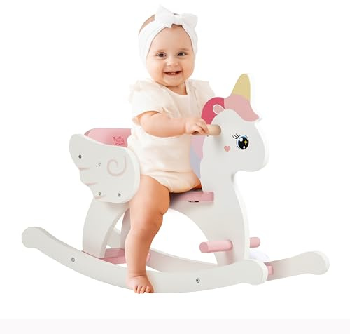 FUNLIO Unicorno Cavallo a Dondolo per Bambini da 0,5 a 3 Anni in Legno, Cavalluccio a Dondolo Carino con Cintura di Sicurezza e Schienale, Giocattolo per Bambini Piccoli, Certificato CE e CPC - Bianco