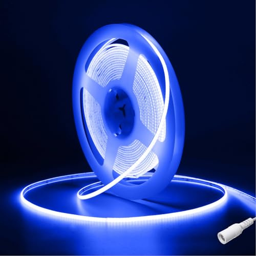 Fosingut COB LED Streifen 5m, DC12V Blau LED Strip,480 LEDs/M CRI90+ Hohe Helligkeit Flexibel LED Band Lichtleiste Selbstklebend,4mm Stripes LED Bar,Kanal,Küche,TV,Auto,Heim Decor(Nur Strip)