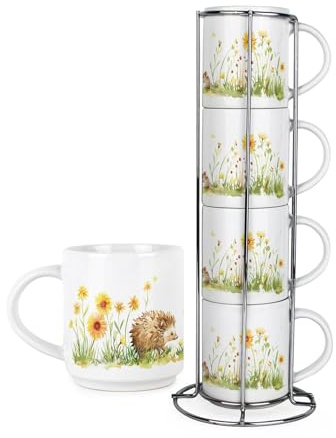 Purely Home Hedgehogs Stacking Mugs Set - Countryside Wildflife Woodland Creatures - Small Ceramic Tea/Coffee Cups - Drinkware Mug Gift Set with Metal Stand/Holder Set of 4