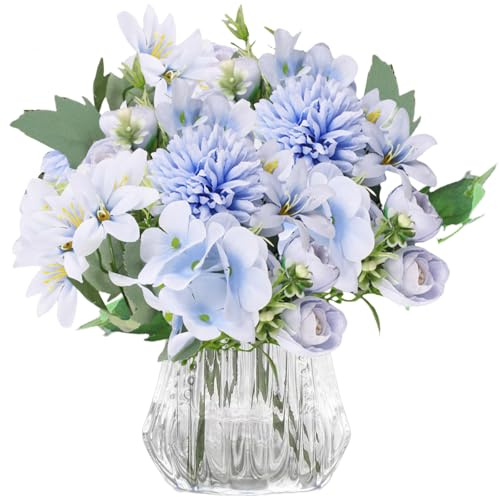 astylishome Pequeñas flores artificiales de hortensias con tallo, de tacto real, ramos de flores falsas para boda, hogar, fiesta, jardín, centro de mesa, paquete de 28 unidades, color azul 1018