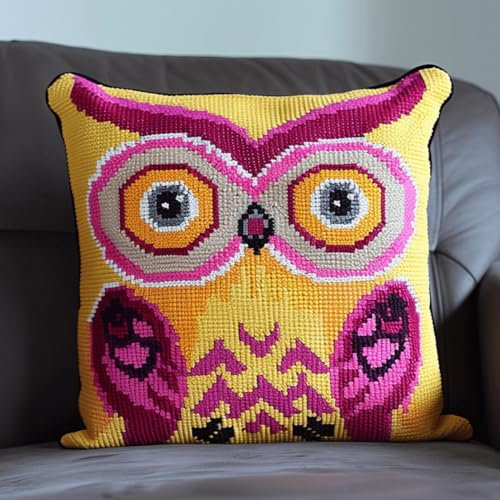 RKFLGEW Knüpfkissen-Set Mit Cartoon-Eule，Gestempeltes Kissen，Knüpfkissen-Set，Bunte Tiere，Diy-Knüpfkissen-Set Für Anfänger，Erwachsene，Teenager，Geschenk，Stickerei，Heimdekoration，Knüpfkisse 43x43cm