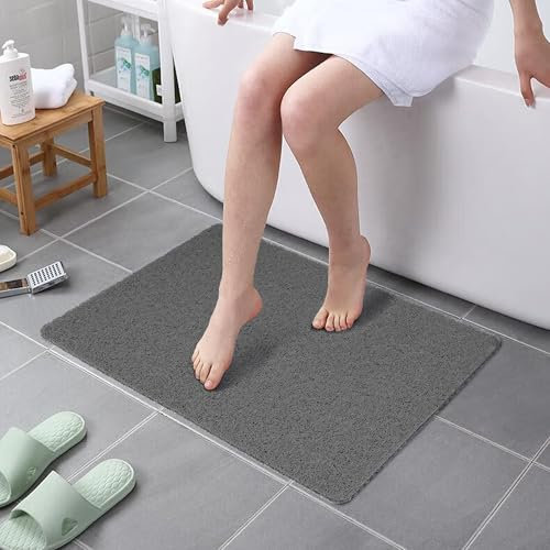 HITSLAM Shower mat Non Slip, 60 x 80 CM Bathtub Mat Non Slip with Drain, Soft PVC Loofah Shower Bath Mat for Tub, Quick Drying Bathroom Shower Mat, Grey