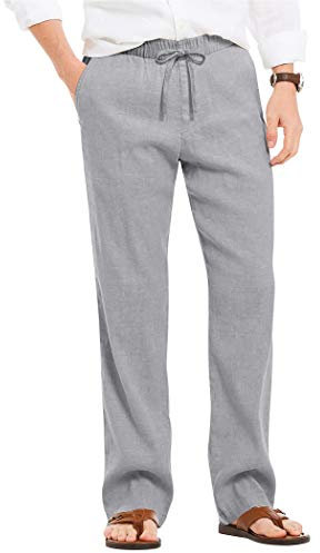 COOFANDY Pantalon pour Hommes en Lin avec Cordon de Ralliement Pantalon Décontracté Taille Elastique Pantalon d'Eté Gris XL