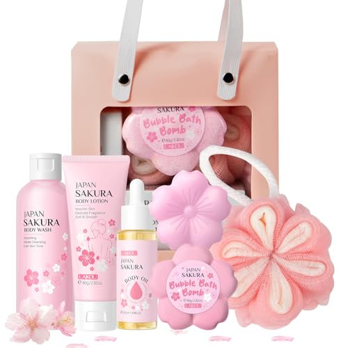 LAIKOU Sakura Körperpflege Set, Badeset Frauen Geschenk, 6-tlg Geschenkset Body mit Duschbalsam, Körpermilch, Pflegeöl Bad, Seife, Badebomben, Badeschwamm