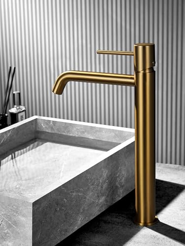 Einhebelmischer für Waschbecken, hoher Auslauf aus Messing, Badarmatur für Waschbecken (mattes Gold)