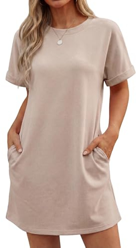 GRECERELLE Womens Summer Mini Dress Cap Sleeve Crew Neck T Shirt Short Casual Beach A Line Dresses with Pockets (Khaki, M)