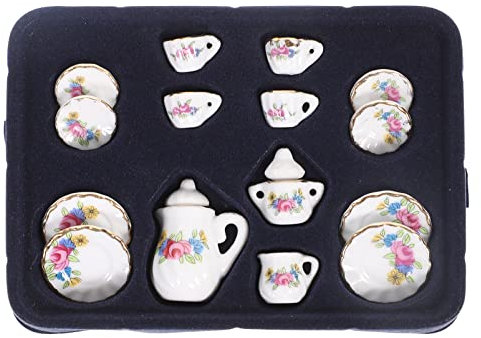 VICASKY Juego de té en miniatura de cerámica a escala 12 15 piezas casa de muñecas juego de té en miniatura platos mini decoración de cocina