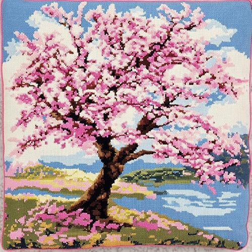 AxiangziK DIY Knüpfhaken-Set Knüpfkissen,Ein großer rosa Baum,Latch Hook Kissen Kit,Knüpfkissen Set für Anfänger Erwachsene oder Kinder zum Selber Knüpfen,17x17in