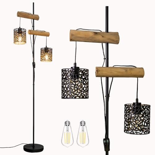 Osasy LED Stehlampen Industrial Style,166 cm Höhe Stehleuchte,2 Lampenschirme mit Metallgitter-Design, Naturholz-Akzente, Schwarz (Schwarz -schwarz gold schirme)