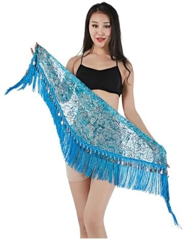 Skdvy Bauchtanz Hüftschal,Bauchtanz Hüfttuch aus Chiffon Bauchtanz Professionelle Kostüm Zubehör Tanzgürtel Dreieck Bauchtanz Hip Schal Für Frauen(Turquoise,Silver Coins)
