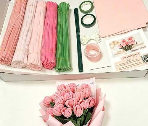 HYJCVD 500Pcs Pipe Cleaners for Craft Flowers Pink Pipe Cleaners Green Bouquet Supplies Blossom Tulip Lily Bulk DIY Flower Kit for Craft Projects Creative Gift Wrapping Party