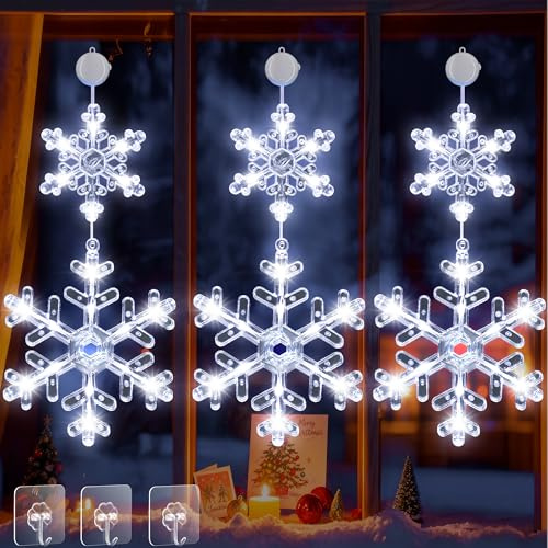 LuJasi Weihnachtsbeleuchtung Innen 3 Stück 45 LED Weihnachtsdeko Fenster Batteriebetriebene mit Timer 2 Modi Saugnäpfe Lichtervorhang LED Schneeflocke für Weihnachten Deko Party Weiß