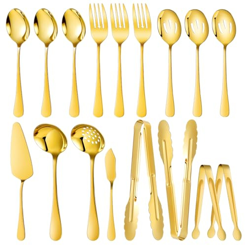 Mwellewm 17Pcs Serving Utensils, Gold Stainless Steel Serving Spoons, Slotted Spoon, Fork, Tongs, Cake Pie Server, Soup Spoon, Metal Buffet Banquet Cutlery Set for Parties Entertaining Catering