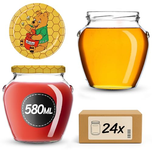 KADAX Lot de 24 bocaux de conservation en verre de 580 ml avec couvercle à visser de 82 mm de diamètre, pour la conservation du miel, des fruits et des légumes, motif Winnie l'ourson