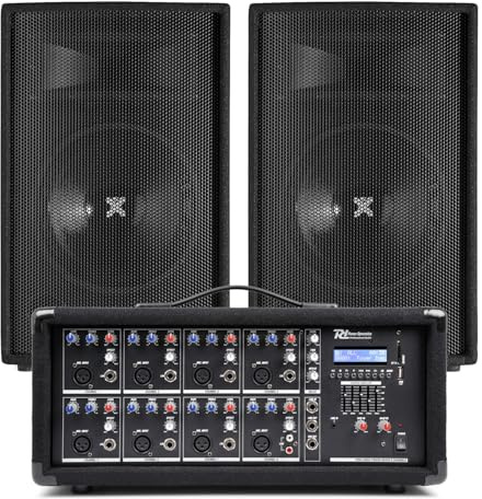 Vonyx 10 Passive Speaker PA System with 8-Channel Powered Mixer, Bluetooth, USB, Cables – Complete Band, Church & Singer Audio Solution