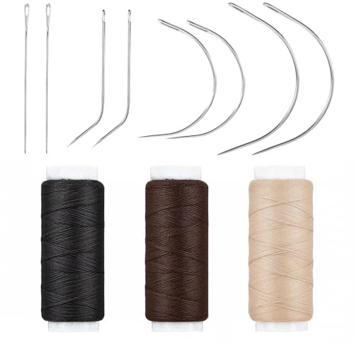Juego de agujas e hilos para tejer el cabello, herramientas profesionales de extensión de cabello, juego de hilos de coser y agujas, hilo negro, beige, marrón, con 8 agujas para coser extensiones de