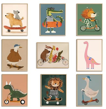 SAMHOU Kids Room Wall Art Set of 9, Funny Cute Cartoon Animal Canvas Prints, Nursery Wall Decor Paintings for Boys Girls Bedroom Baby Room Playroom Classroom Decoration 8x10 Inch Unframed