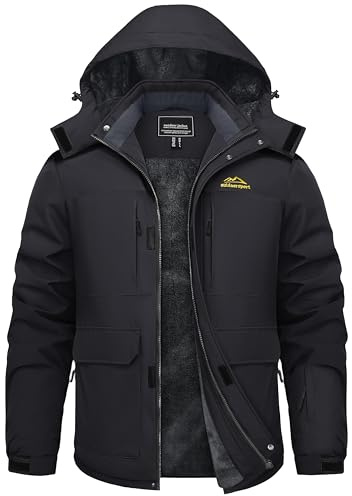 TACVASEN Mens Ski Jacket Warm Fleece Lined Winter Parka Coat Waterproof Snow Jacket with 9 Pockets Work Hiking Black L