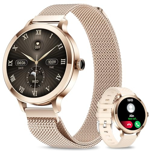 niolina Smart Watches for Women, 1.1 AMOLED Small Smartwatch Answer/Make Call for Android iOS Phones, IP68 Waterproof Fitness Activity Tracker with Sleep Monitor HR SpO2, RoseGold