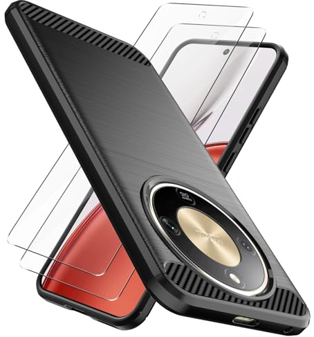 Natbok Funda para Honor Magic 8 Lite 5G con 2 Piezas Protector Pantalla,TPU Suave + Fibra de Carbono Flexible Carcasa,Anti-Raspaduras,Antideslizante Funda para Honor Magic8 Lite, Negro