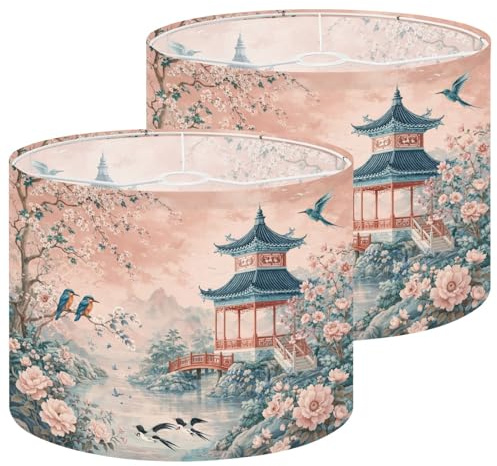 Lamp Shades Set of 2 Traditional Asian Pavilion by Lake Cherry Blossoms Birds Pastel Drum Lampshades for Table Lamps Floor Lamps Pendant Light 13x13x10 Replacement Lamp Shade Easy Assembly