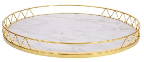 VICASKY Plateau Décoratif Rond en Bois à Motif Marbre Blanc, Grand Format Cadre Doré, Plateau de Service pour Table Salon et Rangement de Collations