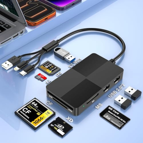8en1 Lector de Tarjetas SD,USB-C + USB-A + Lightning Memory Stick Pro Duo Adaptador para SD/MS/TF/CF/XD/USB2.0,OTG lector de tarjetas de memoria múltiple para Windows/Mac/Linux/Android para Fotografía
