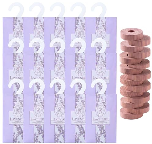 Lavendel Duft 15 Duftsäckchen + 15 Zedernholz Ringe, Zedernholz Mottenschutz für Kleiderschrank, Natürlicher Schrankduft, Gegen Motten & Gerüche, Für Schublade Auto, Anti Schimmel
