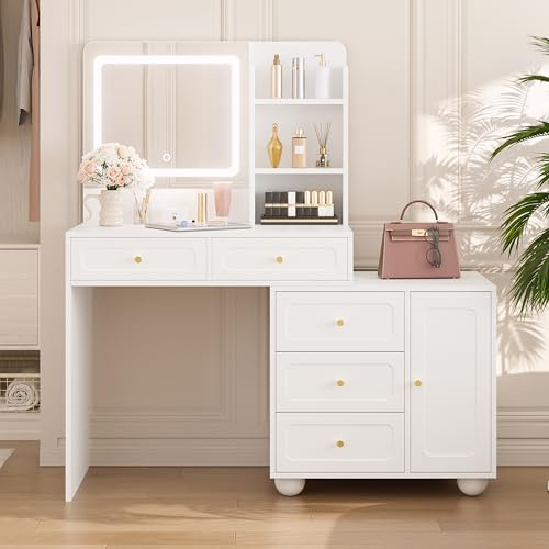 Moimhear Tocador grande, 80 x 39,8 x 127 cm, color blanco, con iluminación LED ajustable y espejo, 5 cajones, 1 puerta y 3 estantes