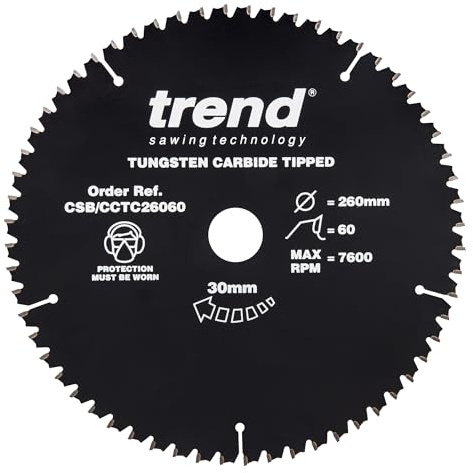 Trend Wood Mitre Saw Blade, 260mm Diameter, 30mm Bore, 60 Teeth, TCT, 2.6mm Kerf, -5° Hook, CSB/CCTC26060
