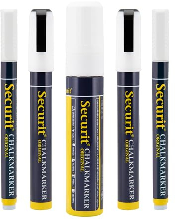 SECURIT - 5er-Set Kreidemarker - Für nicht-poröse Oberflächen (Schwarze Tafel, Glas, Metall, Spiegel...) - Unterschiedliche Spitzenstärken - Weiß