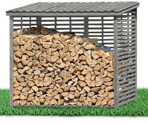 Gartenpirat Holzunterstand für Kaminholz aussen mit Rückwand grau – Kaminholzregal für 3,8 m³ Holz – 237 x 203 x 114 cm