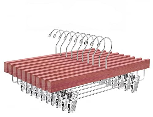 Amber Home 12 Pack American Red Cedar Wood Pants Hangers, Natural Cedar Wooden Slacks Skirts Hangers with 2-Adjustable Clips, Bottom Hangers for Trousers, Jeans, Shorts (12 Pack)