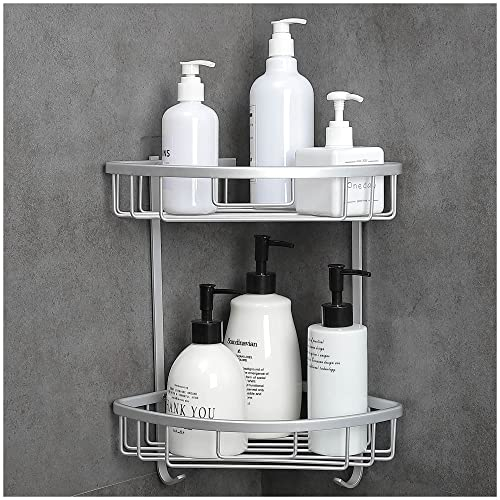 GRICOL - Estantería de ducha para esquina sin taladrar, metal, almacenamiento de baño, pegatina para almacenamiento de ducha antioxidante con 2 ganchos para cuarto de baño, 2 niveles, color plateado