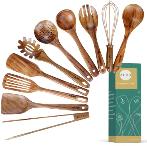 Ustensiles de Cuisine en Bois Antiadhésif - Set de 10 Pièces en Teck Naturel Avec Spatule et Louche