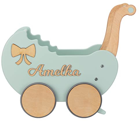 Puppenwagen ab 1 Jahr - Individuell mit Namen - Handgefertigter Puppenwagen - Holzpuppenwagen - Sicher Abgerundete Kanten - Ausdrucksstarke und Schöne Farben (Minze)