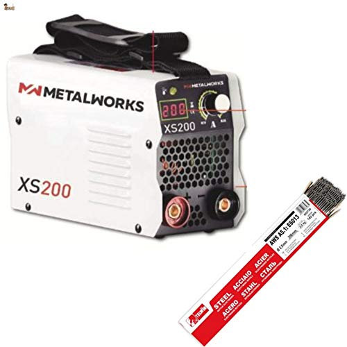 BricoLoco Soldador inverter 200 Amperios. Con maletín que incluye cables de soldadura, masa, pinza portaelectrodos, careta y cepillo. Con 143 electrodos 2,5 mm.. ULTRALIGERO.
