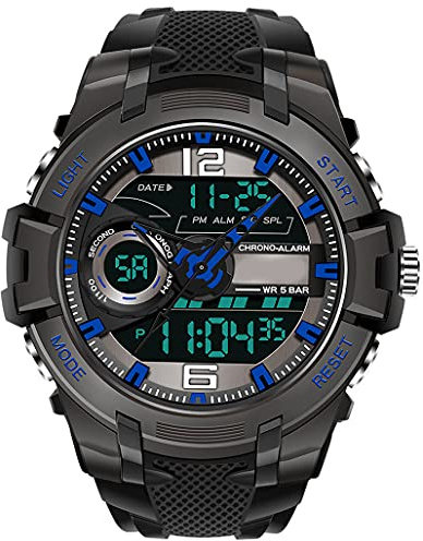 Herren Sport Digitaluhr Militär Tactical Watch Chronograph 2,12 Zoll Großes Zifferblatt 5 ATM Wasserdicht Analog Stoppuhr Wecker Armee Stoßfest LED Licht Lässig Armbanduhr Männer Jungen Zwei Zeitzonen