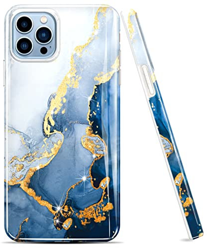 luolnh Gold Glitter Sparkle Case Compatible with iPhone 12 and iPhone 12 Pro 6.1 Inch Marble Design Shockproof Soft Silicone TPU Bumper Cover Skin Phone Case(White&Dark Blue)