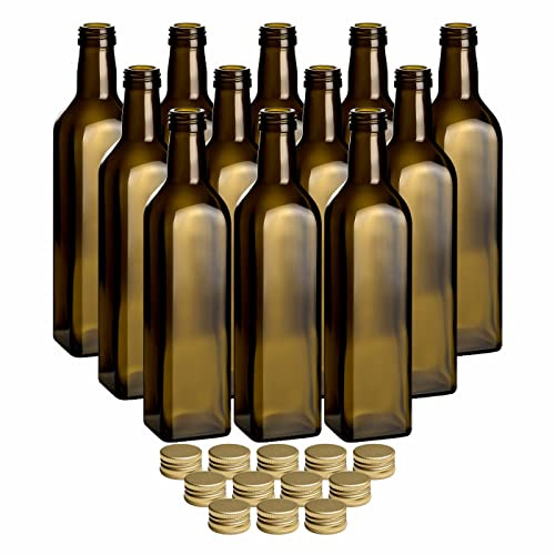 gouveo 12er Set Glasflasche 500 ml (0,50 l) Glasflasche 500 ml Maraska Schraubverschluss PP 31,5 goldfarben, dunkelgrün eckig, zum Befüllen für Likör, Öl, Essig, Saft, Sirup (MFEA500G)