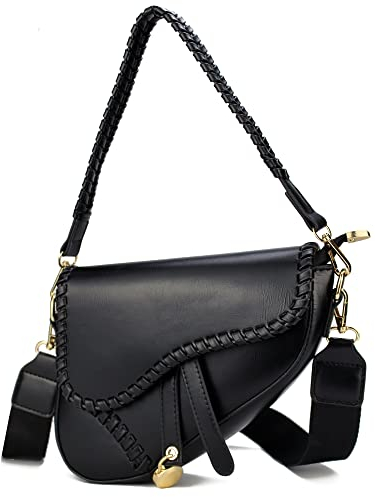 Right 20 Vintage Satteltasche für Damen Damen Handtasche Klein mit 2 Schultergurte Schultertasche Damen PU Leder Umhängetasche Frau Handtasche Geldbörse Messenger Bag (Schwarz)